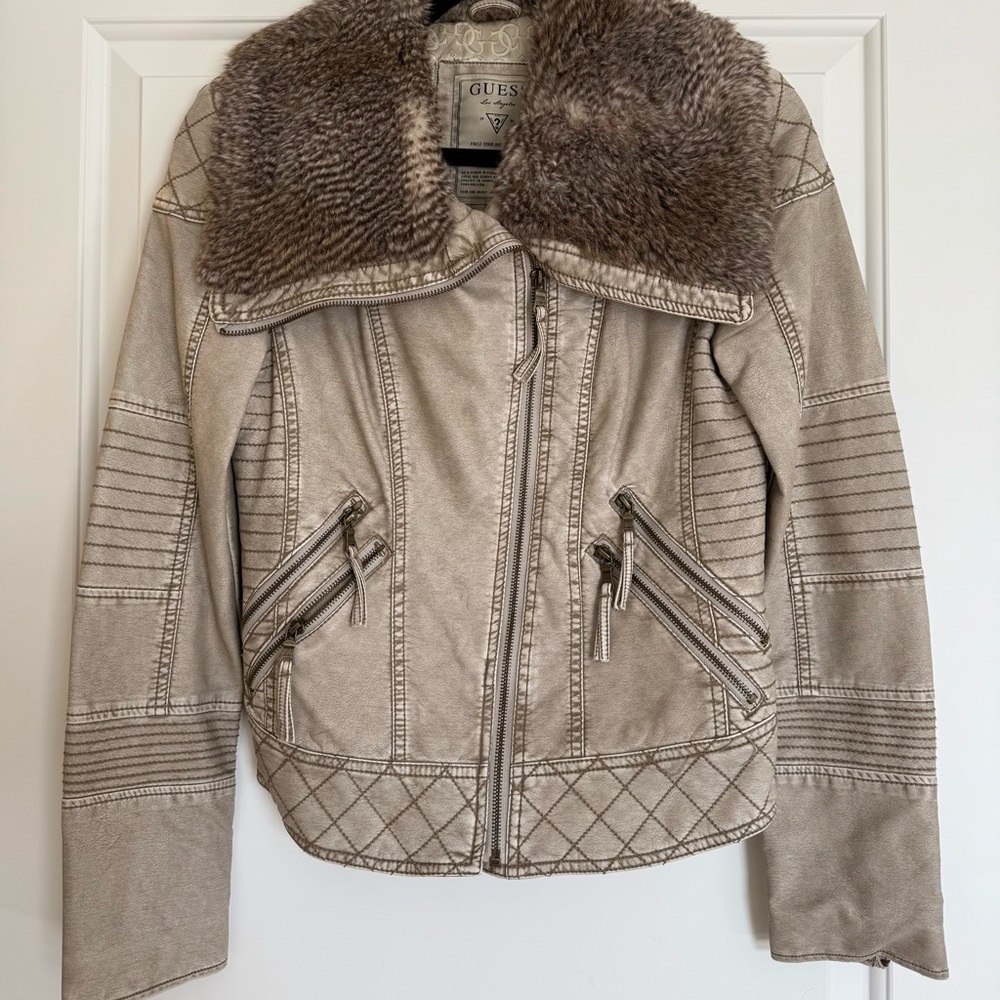 GUESS Women's Beige Leather Jacket with Faux Fur Collar